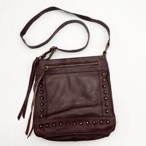 Lucky Brand Dixie Studded Crossbody Bag Brown Pebbled Leather Tassel Zippers